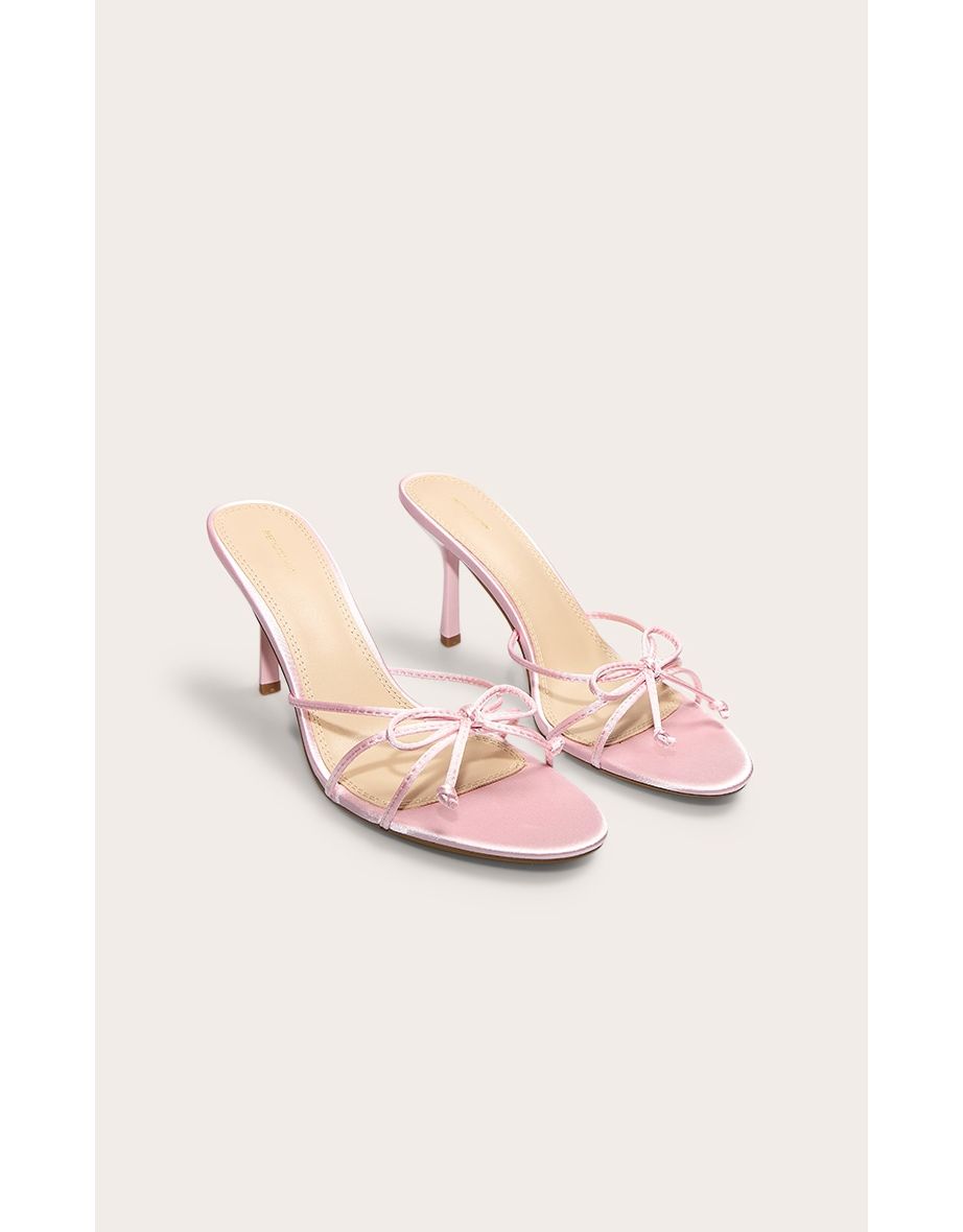 Baby Pink Satin Round Toe Bow Detail Mid Stiletto Heeled Mules