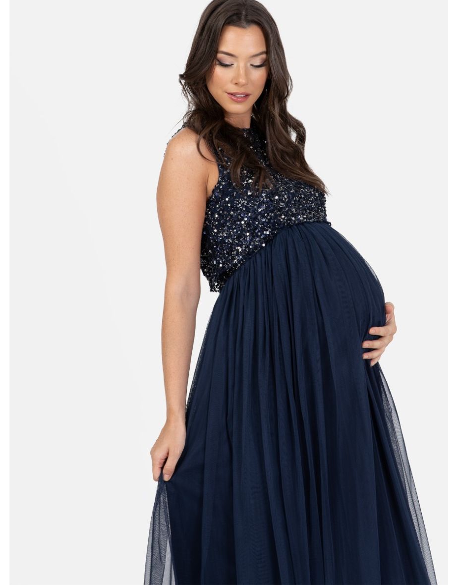 Maya Navy Sleeveless Embellished Maternity Dress