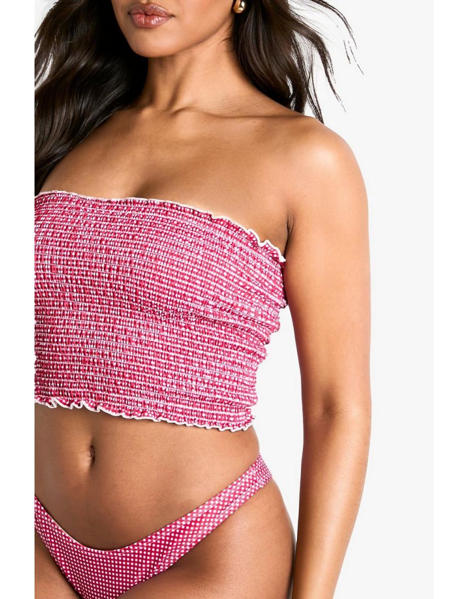 Gingham Seersucker Tankini Bikini Top & High Leg Bikini Bottoms Set - red - 2