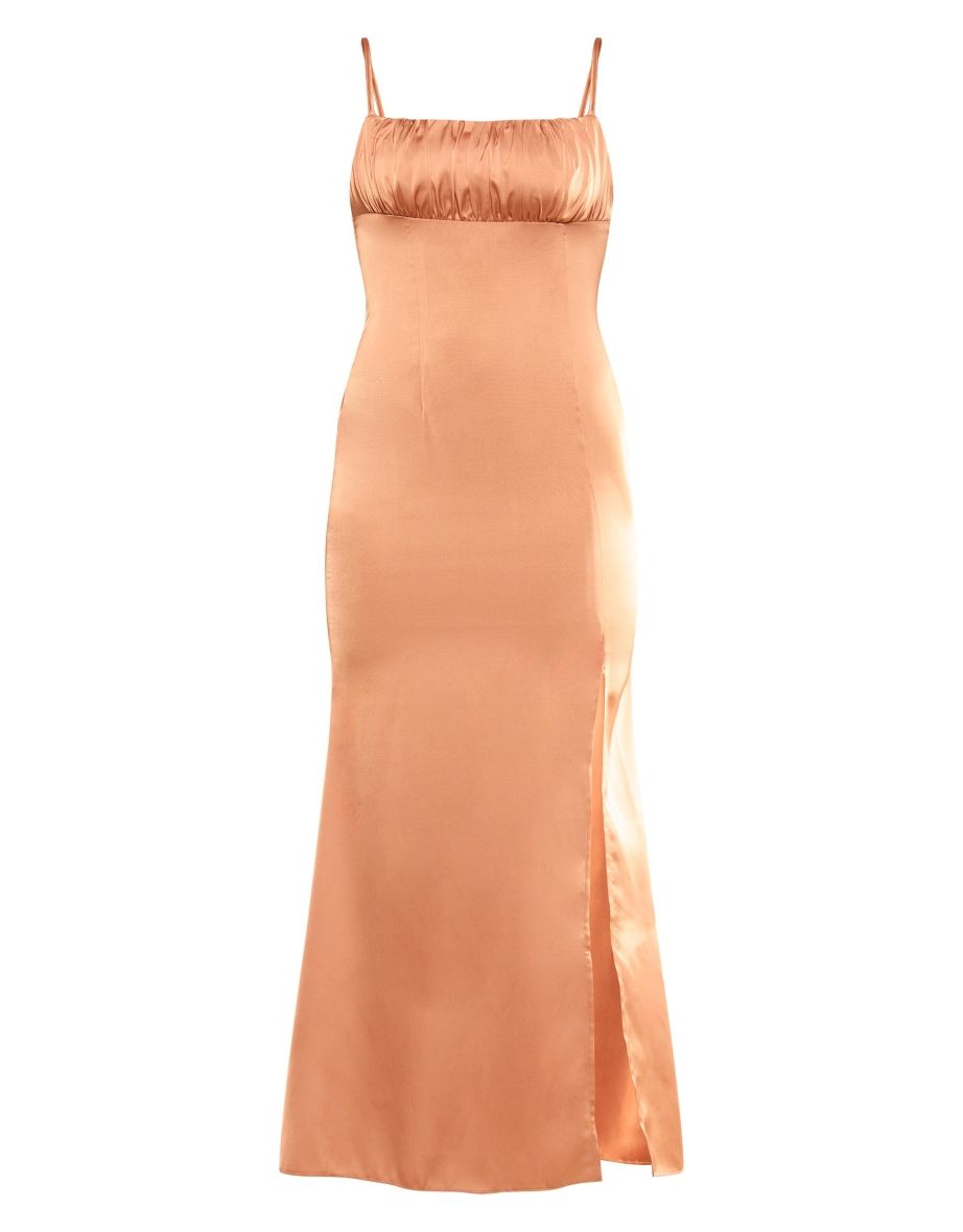 Orange Satin Ruched Cup Open Back Dress - 4