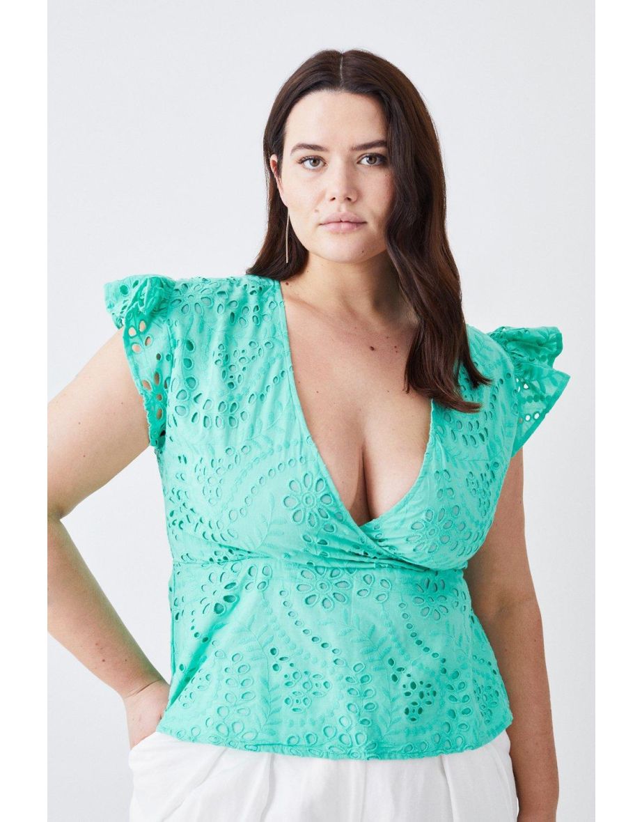 Plus Size Cotton Broderie Ruffle Sleeve Top