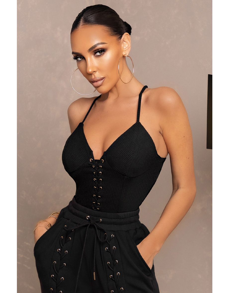 Black Eyelet & Lace Up Detail Rib Corset Top - 4