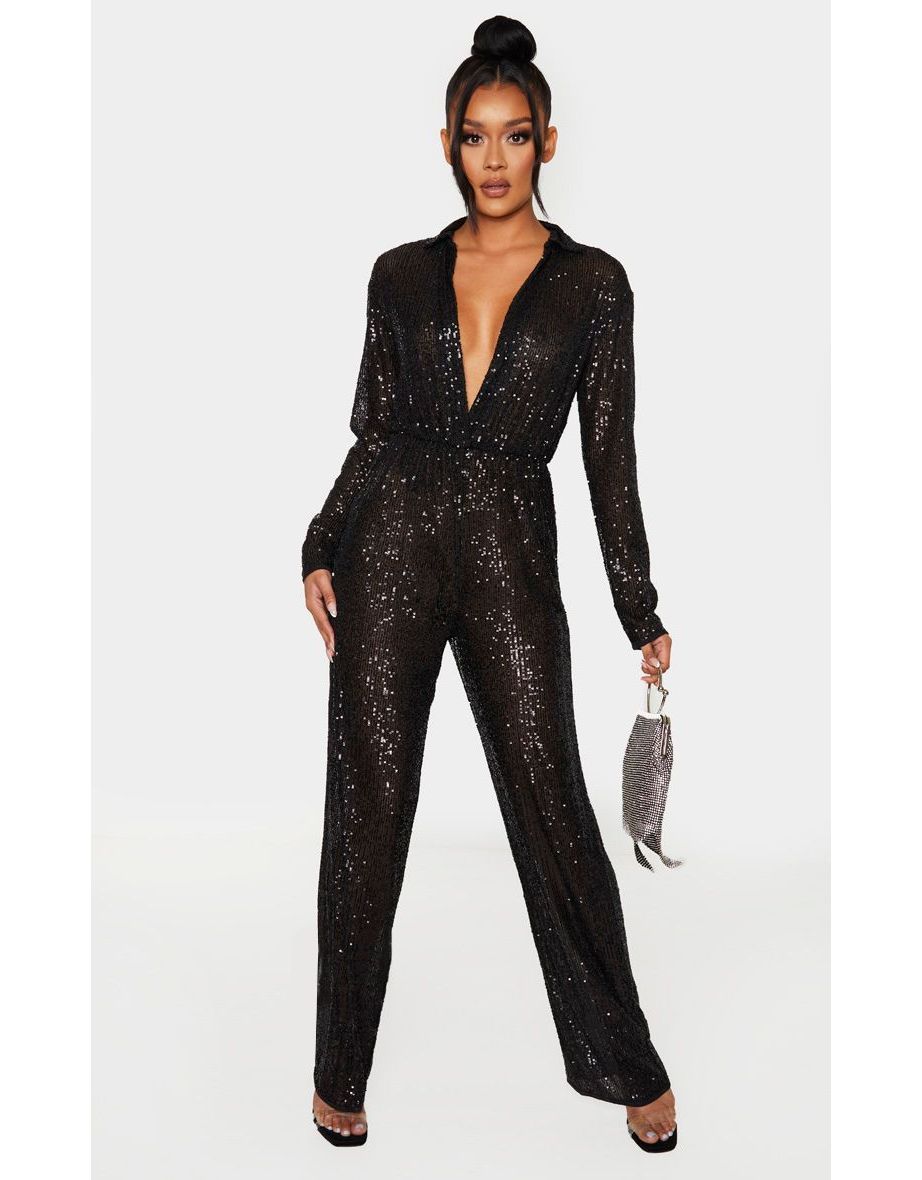 Long sleeve cheap black sequin jumpsuit