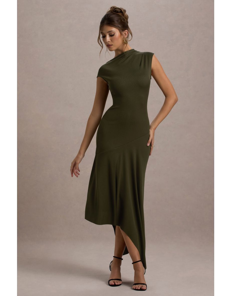Ondine | Khaki Asymmetric Draped Midi Dress