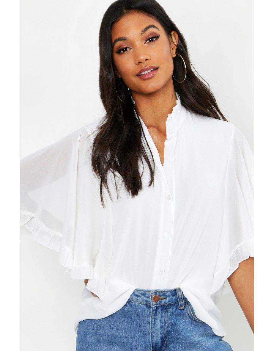 Woven Ruffle angel Sleeve Blouse - black - 3