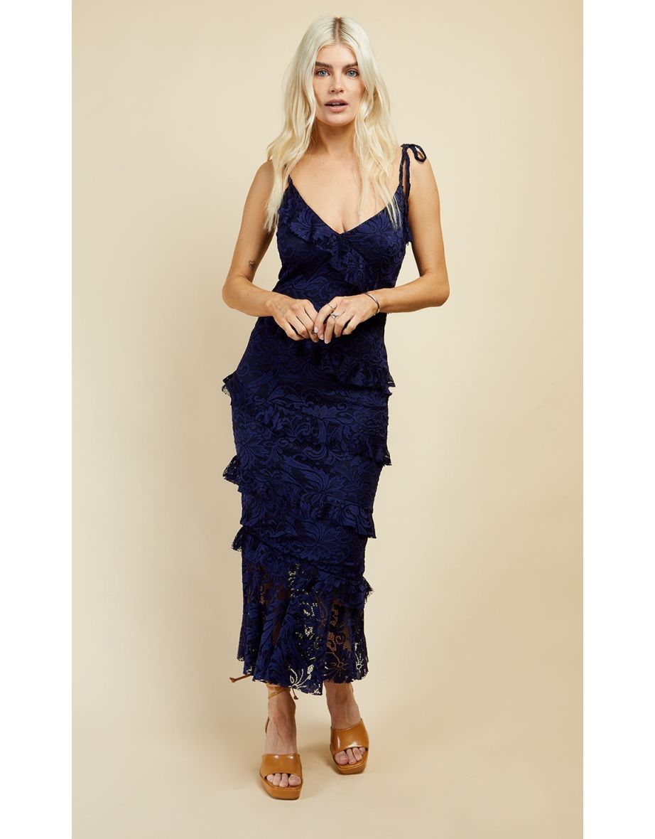 Shop Navy Lace Asymmetric Frill Midi Dress Online in Bahrain VogaCloset