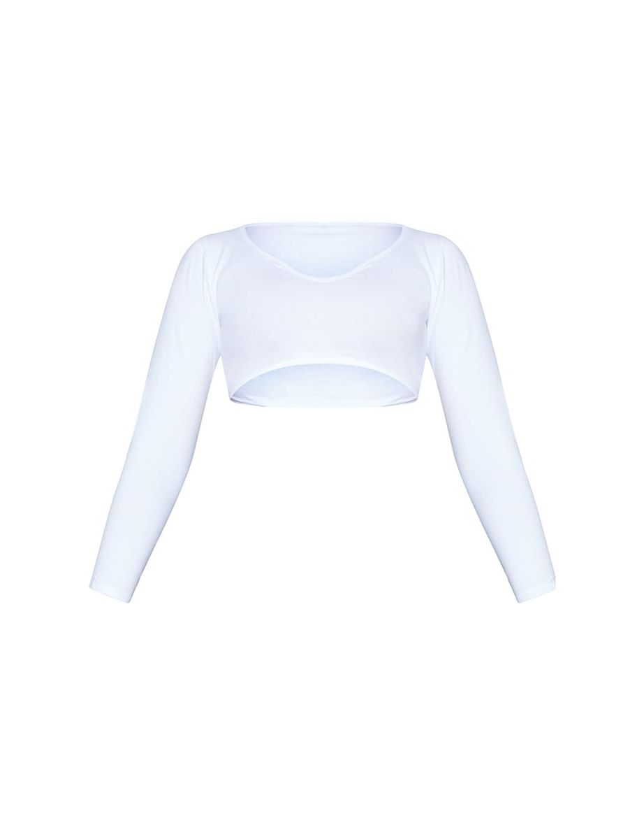 Essential White Long Sleeve Deep V Crop Top - 4