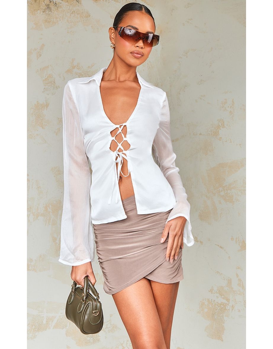 White Chiffon Tie Front Flare Sleeve Fitted Shirt