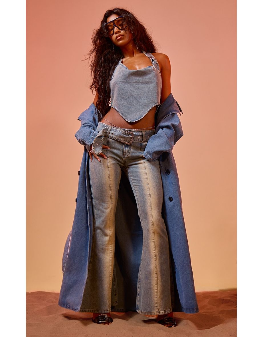 Vintage Blue Wash Buckle Detail Western Style Flared Jeans