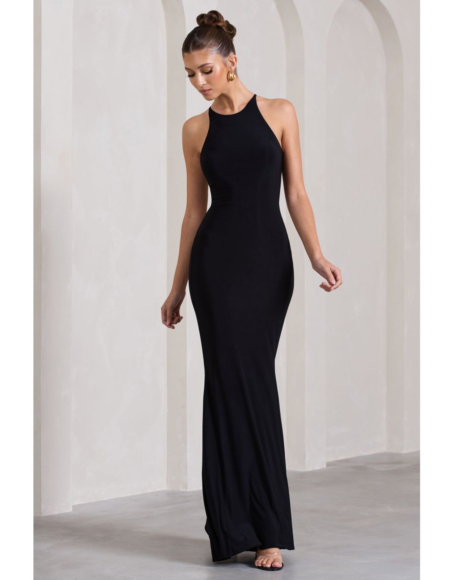 Brianna | Black Sleeveless Halter-Neck Open-Back Maxi Dress - 5