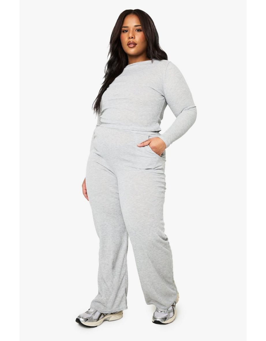 Plus Rib Top & Trouser Lounge Set - ash grey