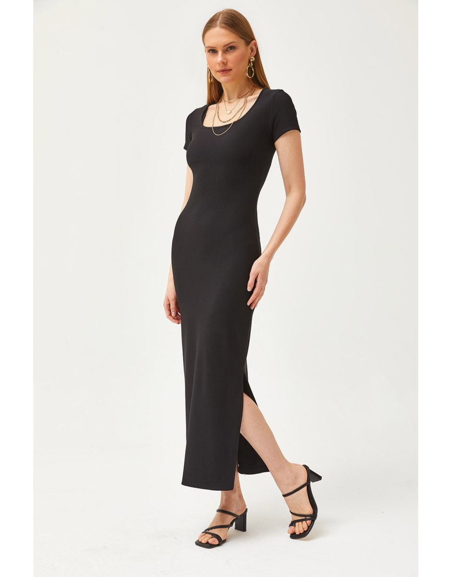 Women's Black U Neck Lycra Thin Ribbed Slit Ottoman Dress - 4