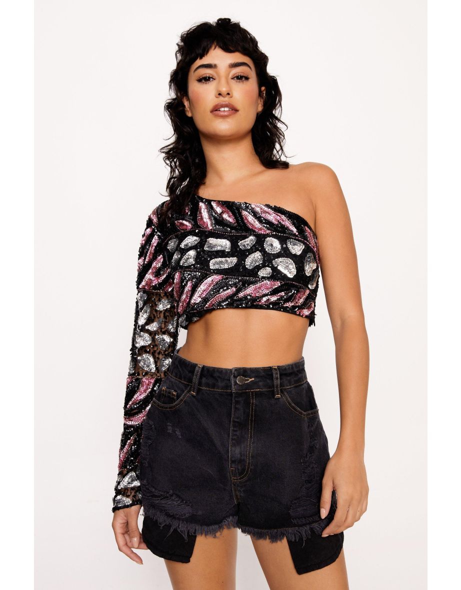 Hand Embellished Splice Animal One Shoulder Top