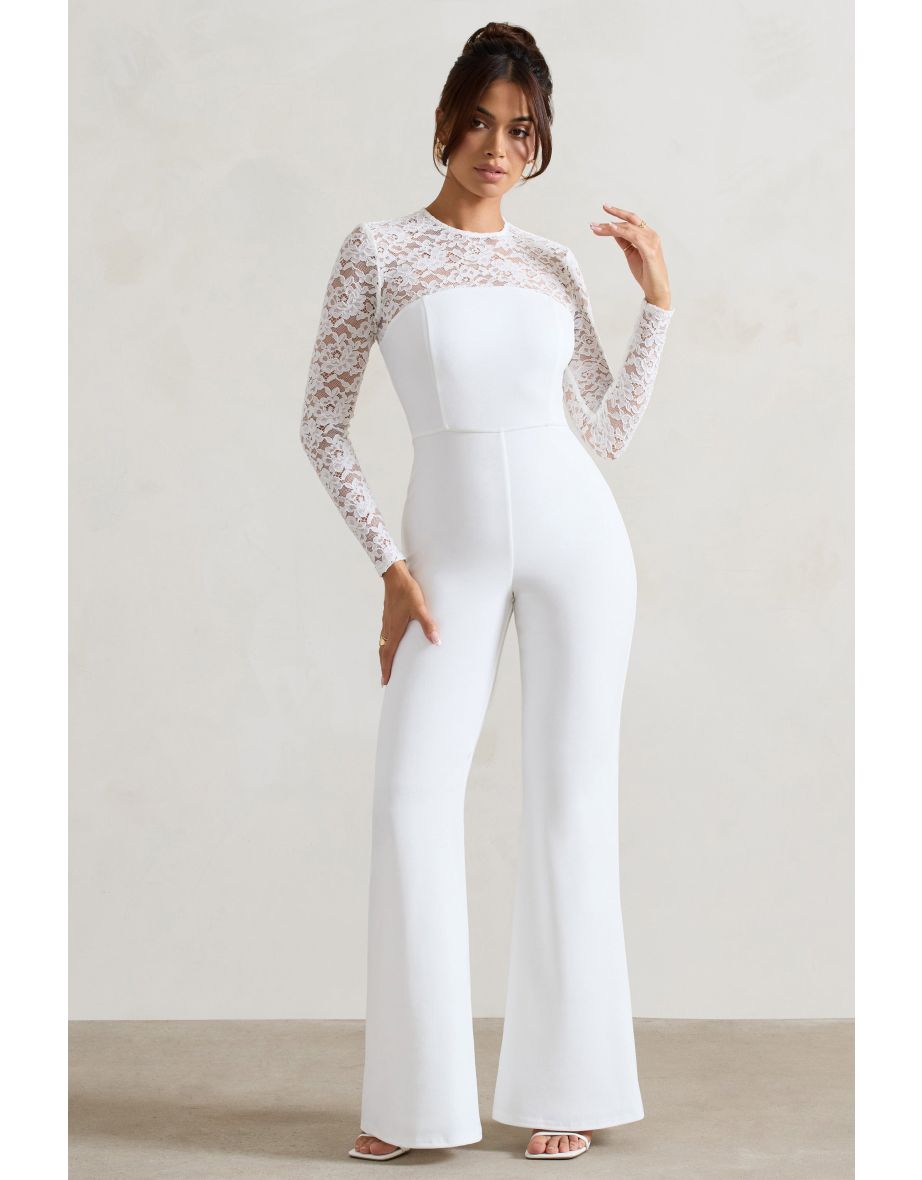 Amari | White Lace Long-Sleeve Flared-Leg Jumpsuit