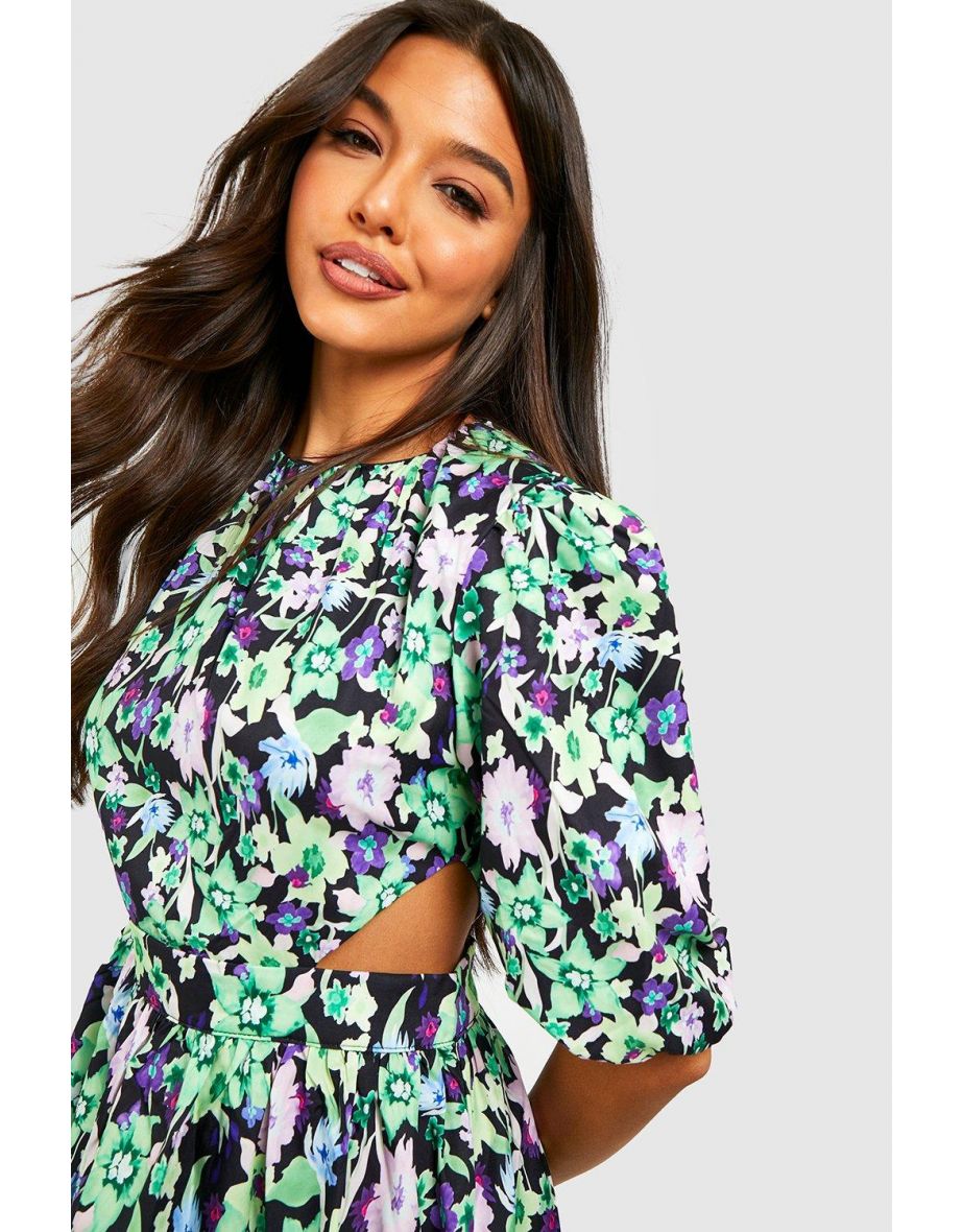 Floral Puff Sleeve Cut Out Midi Dress - green - 3