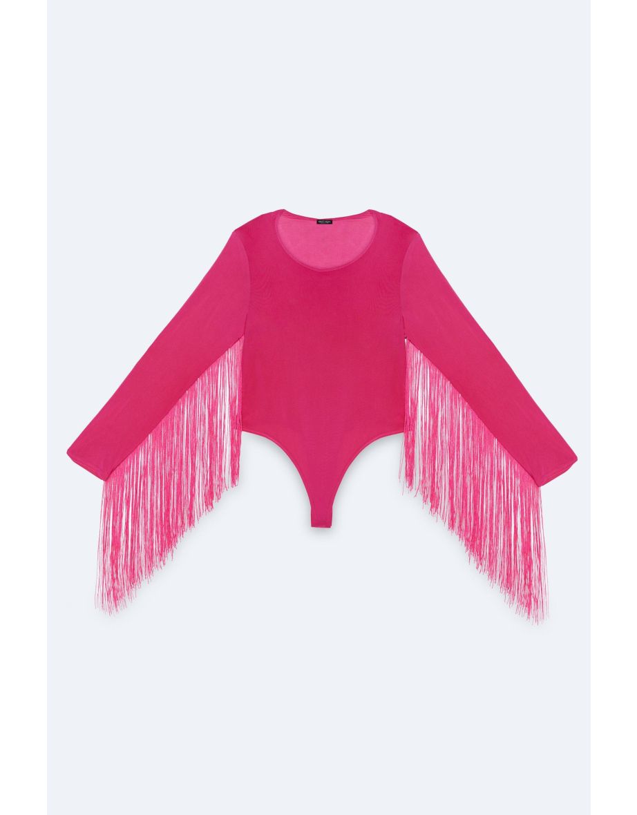 Plus Size Fringed Long Sleeve Bodysuit - 3