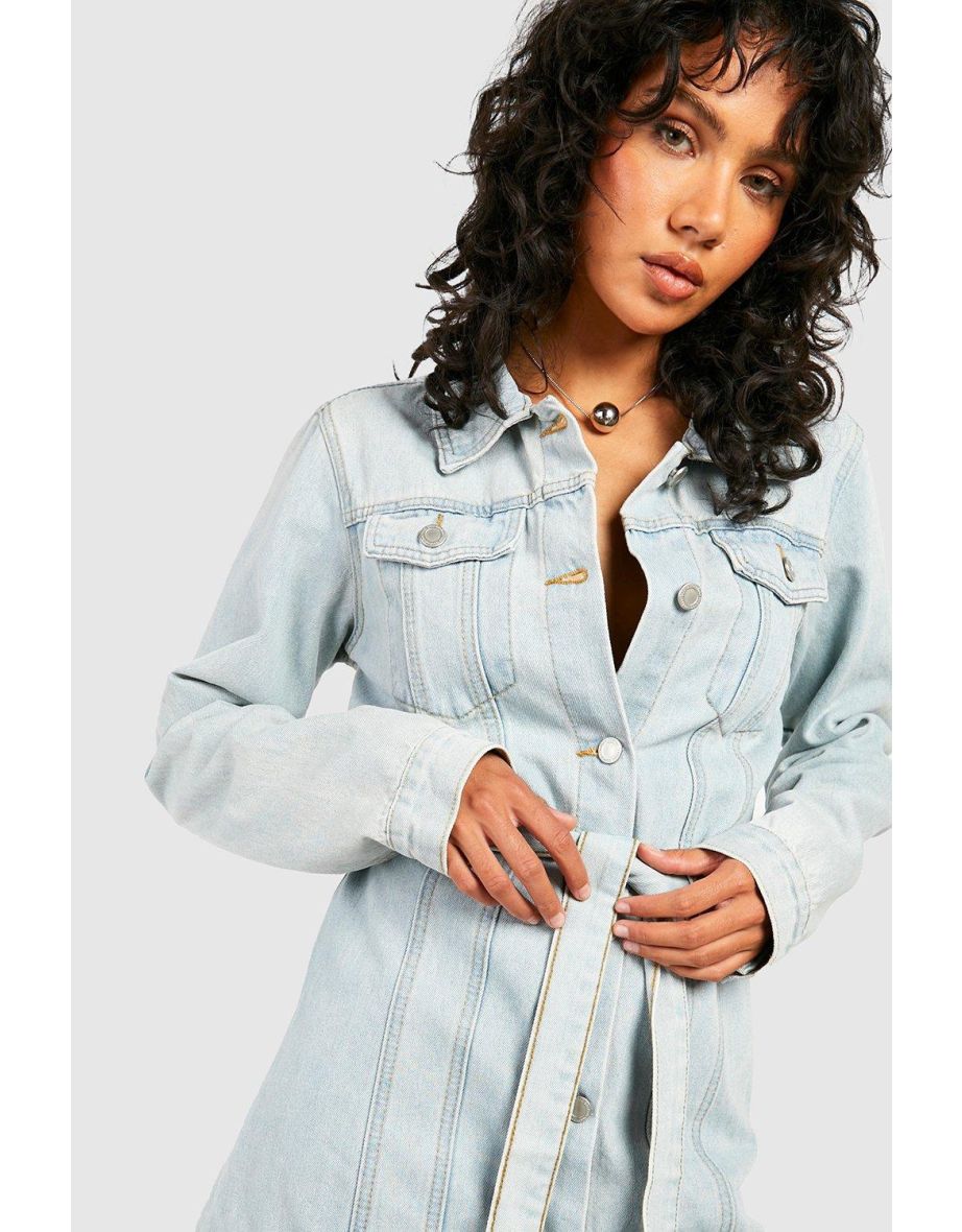 Belted Western Denim Micro Mini Shirt Dress - bleached blue - 3