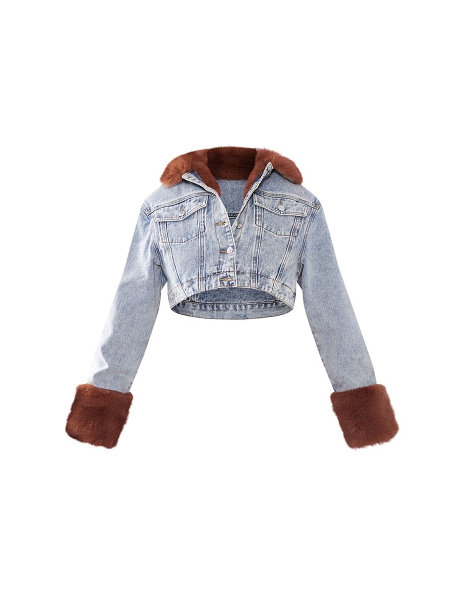 Vintage Wash Faux Fur Lined And Cuff Denim Cropped Jacket - 4