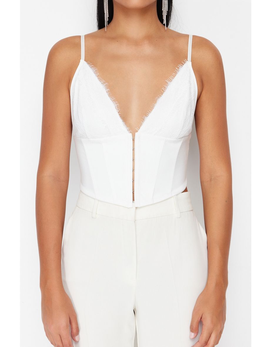 White Crop Lined Woven Lace Bustier - 7