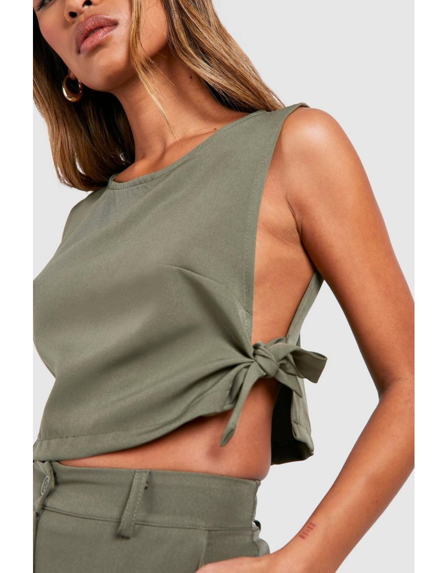 Tie Side Tailored Crop Top - khaki - 3