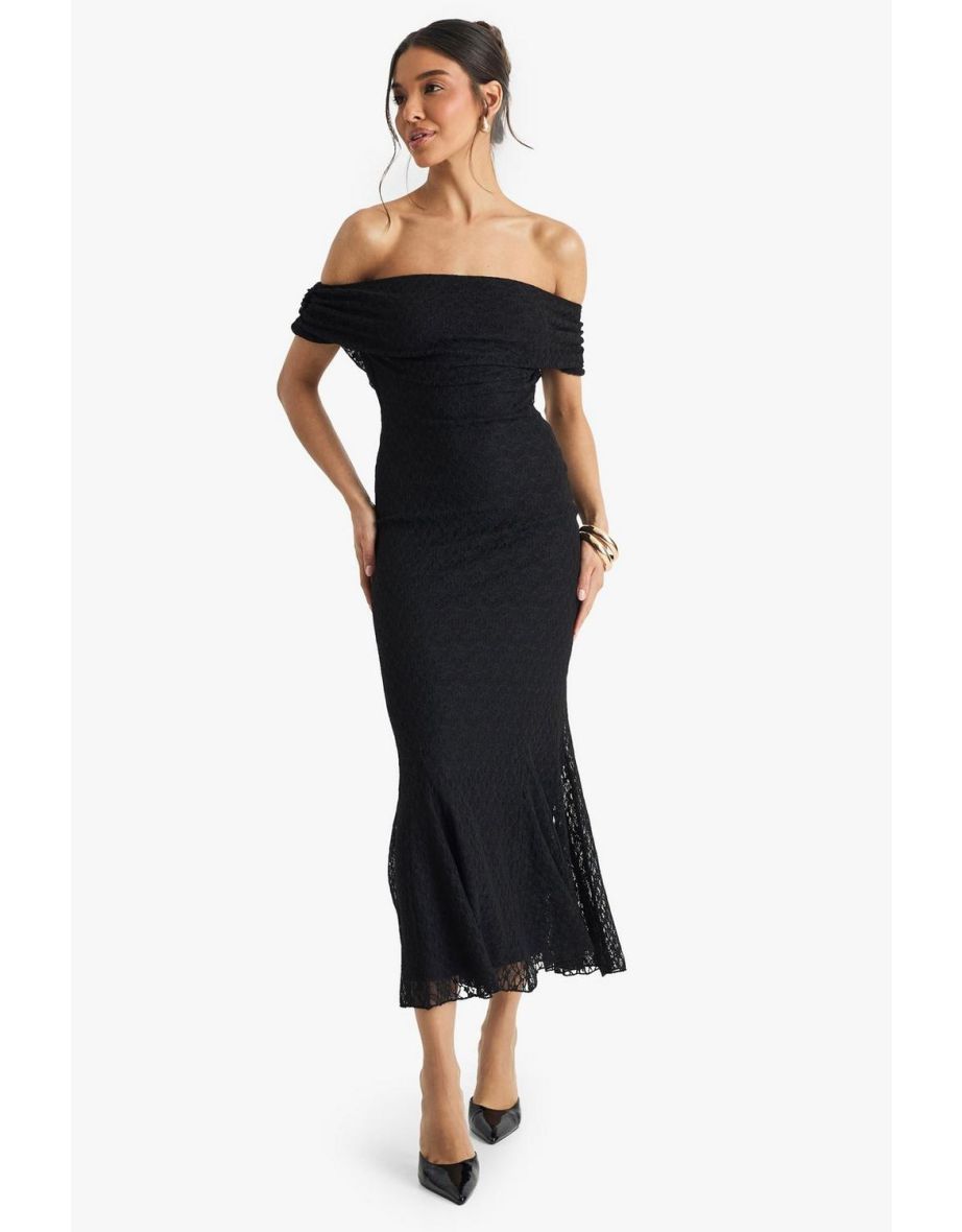 Bardot Lace Pleated Midaxi Dress - black