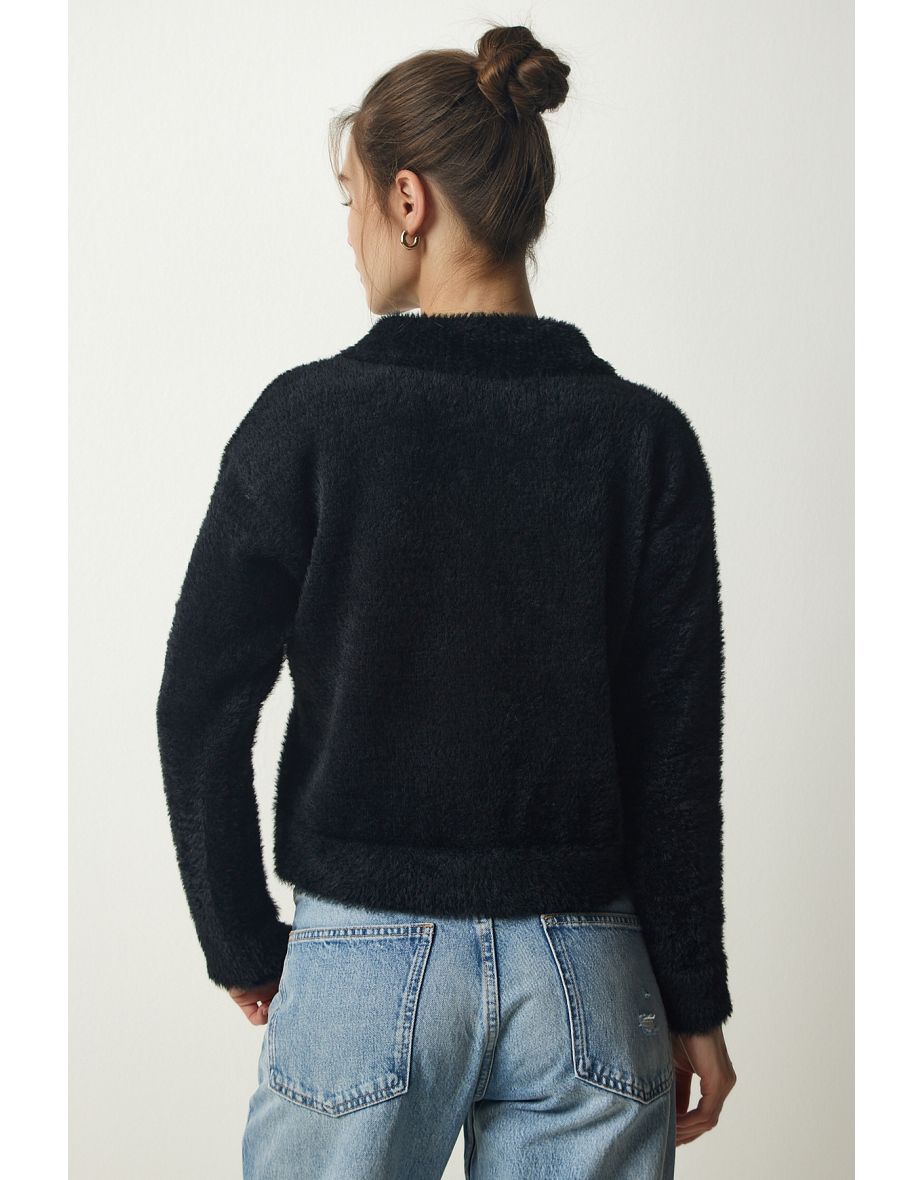 Women's Black Stylish Buttoned Bearded Knitwear Cardigan - 4