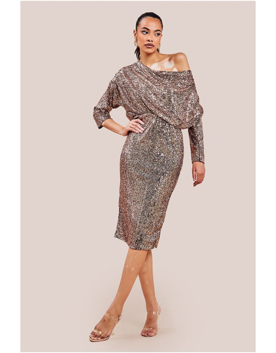 Goddiva Sequin Cowl Neck Midi Dress - Champagne