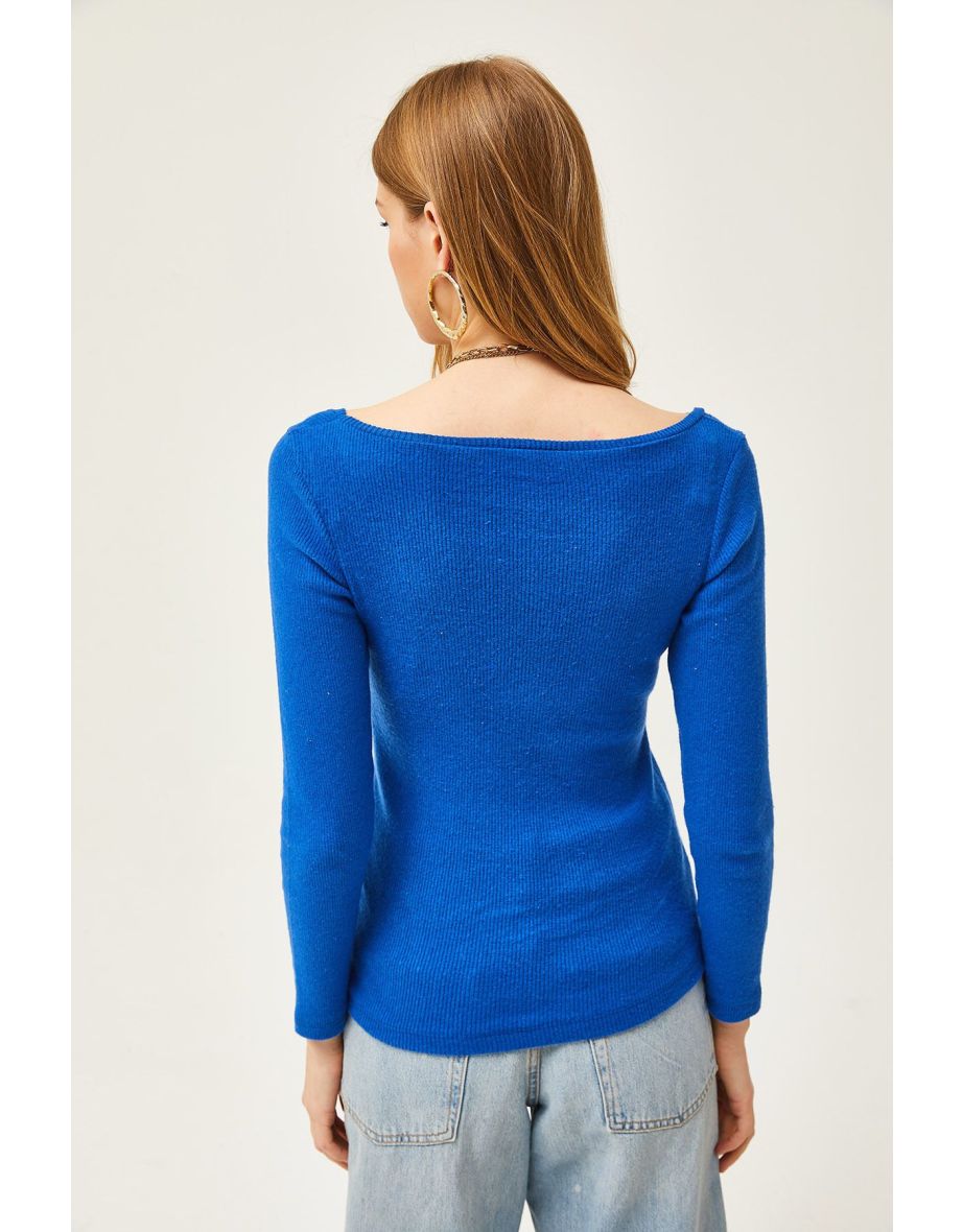 Women's Saks Blue Pool Neck Raised Lycra Blouse - 5