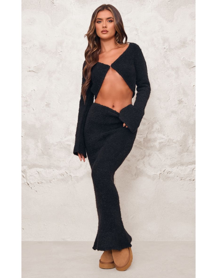Black Stripe Textured Knit Flared Sleeve Mini Cardigan