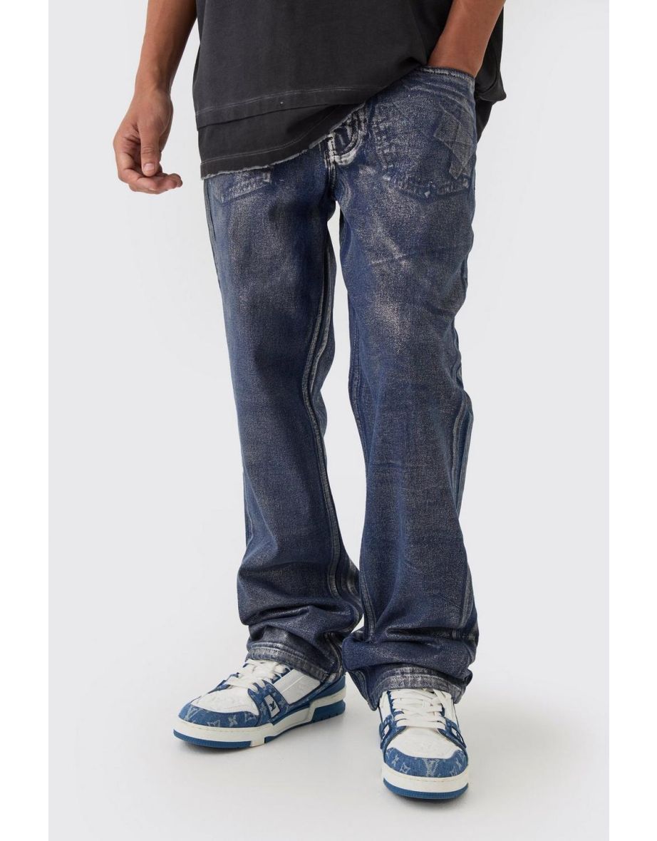Straight Rigid Sliver Metallic Coated Denim Jeans - indigo