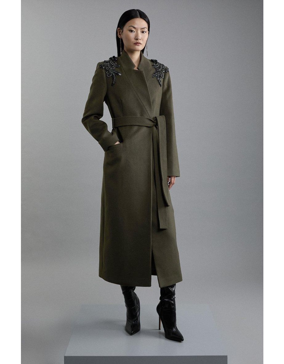 Wool Blend Embellished Belted Tailored Longline Coat