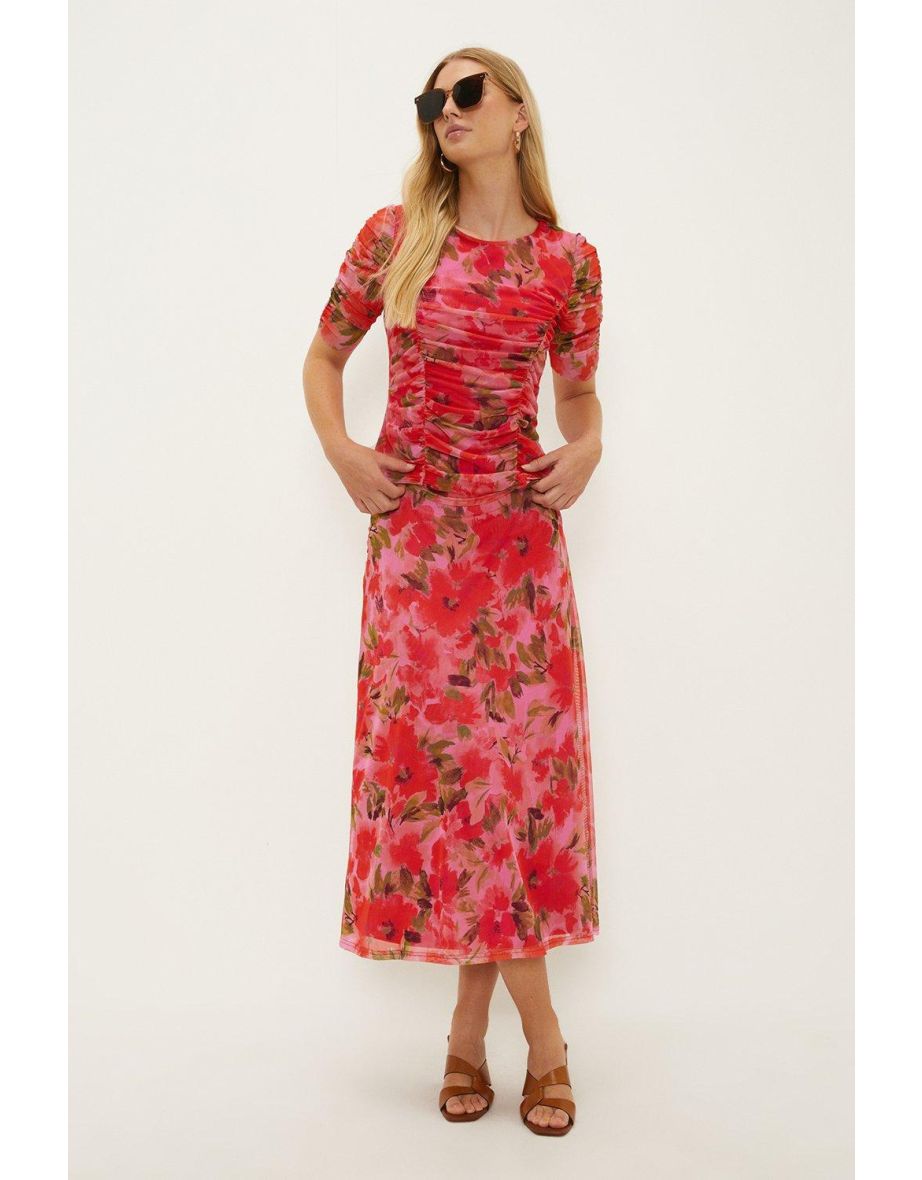 Red Floral Mesh Ruched Sleeve Top