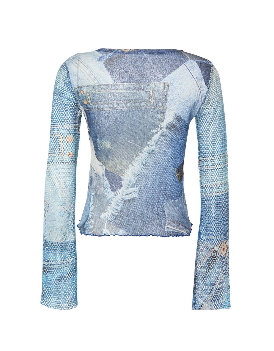 Blue Special Textured Fitted/Sleeping Mesh Sleeve Detail Elastic Knitted Blouse - 7