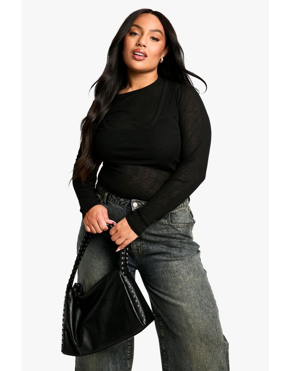 Plus Textured Mesh 2 Layer Long Sleeve Top