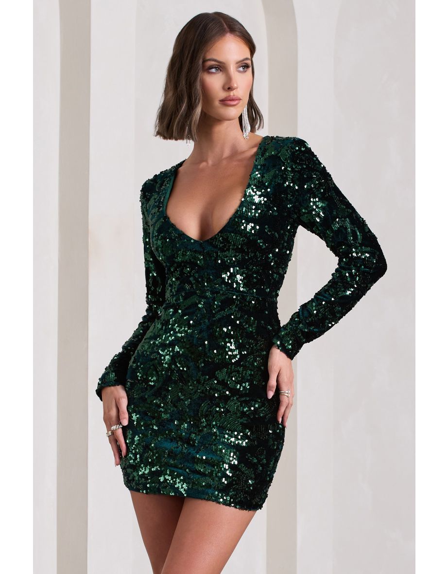 Tantalise | Bottle Green Sequin Plunge-Neck Long-Sleeve Mini Dress
