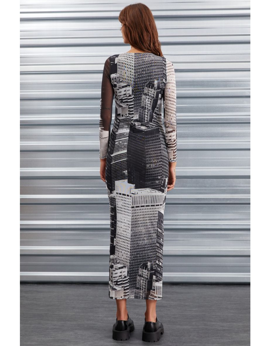 Harlow Women's Tulle Stretchy Fabric City Printed Lined Bodycon Fitted Maxi Dress - 5