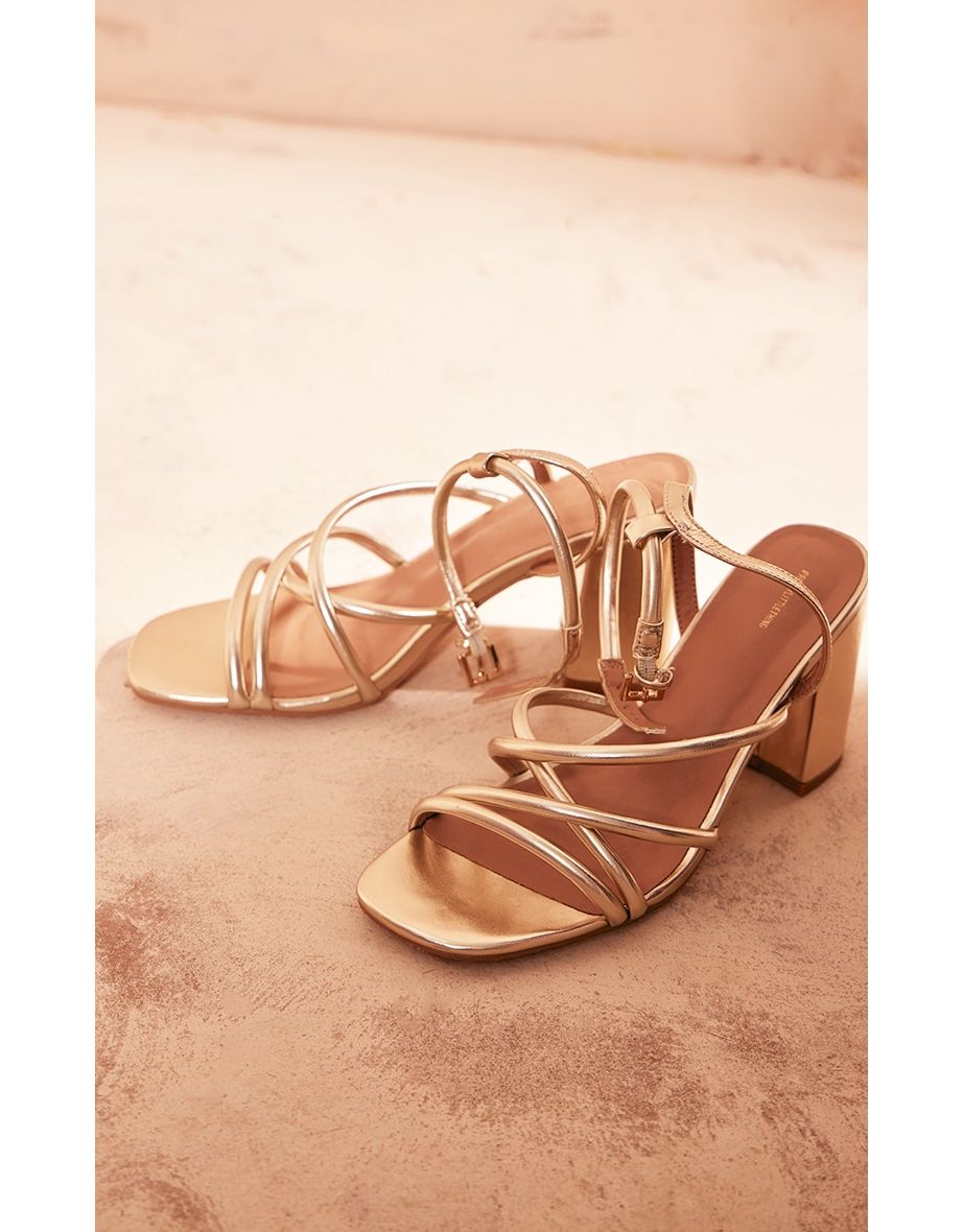 Gold Metallic Pu Round Toe Multi Strap Block Heeled Sandals - 3