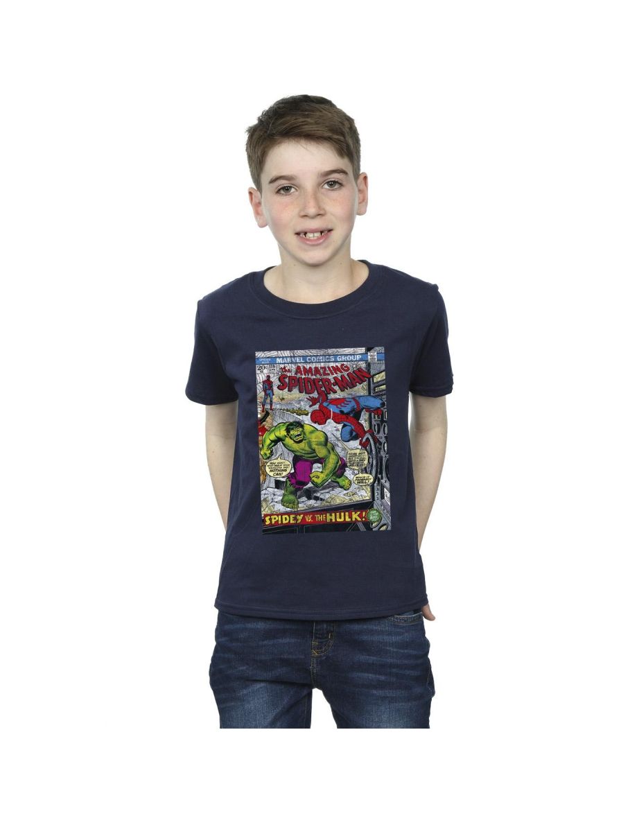 Marvel Boys Spider-Man VS Hulk Cover T-Shirt - Navy Blue
