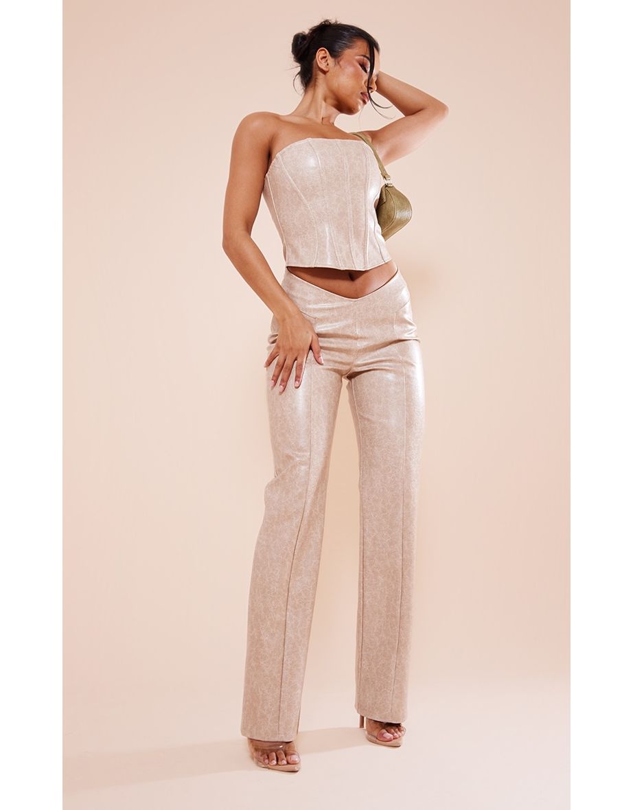 Stone Washed Faux Leather Zip Pocket Pintuck Straight Leg Trousers