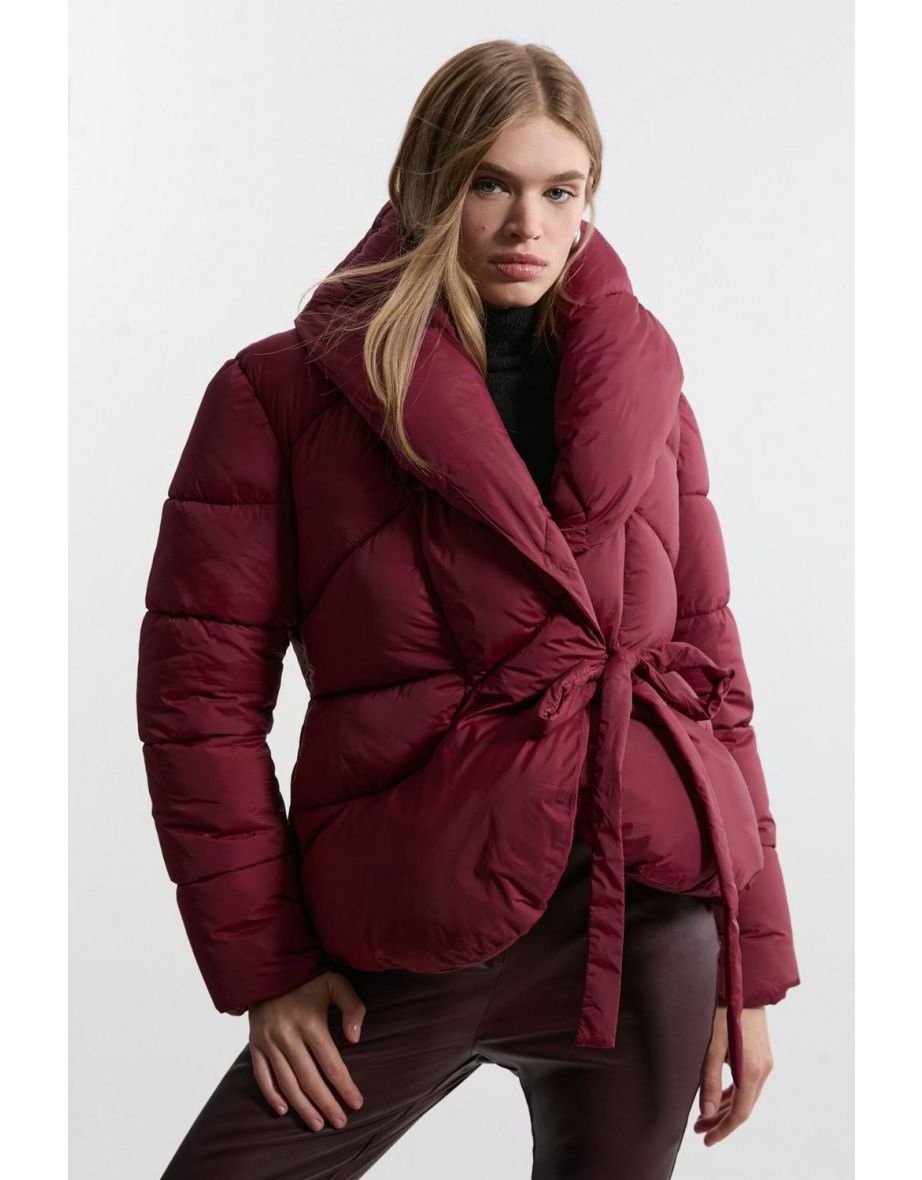 Quilted Padded Wrap Tie Oversize Collar Coat