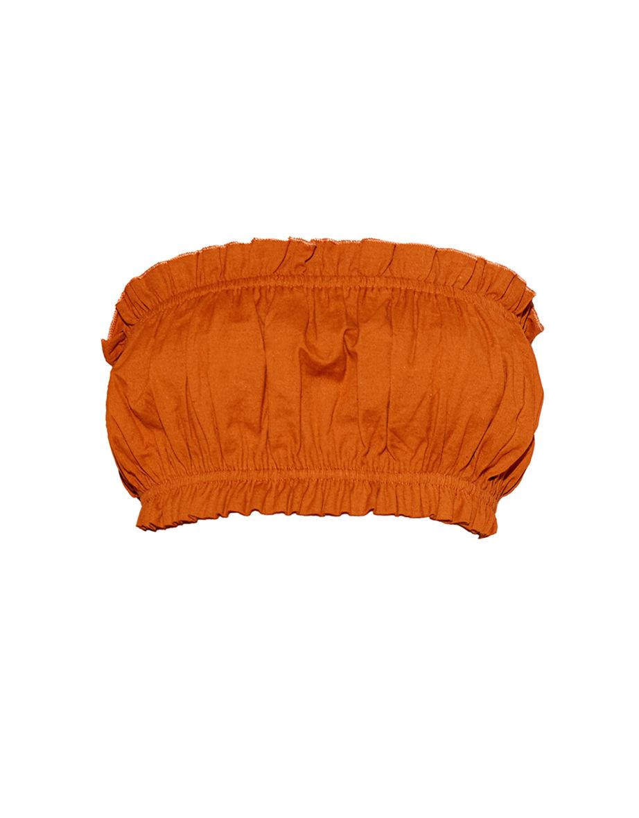 Rust Linen Look Ruffle Hem Bandeau Crop Top - 4