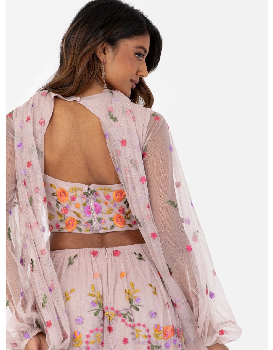 Maya Pink Floral Embroidery Lehenga Scarf - 4
