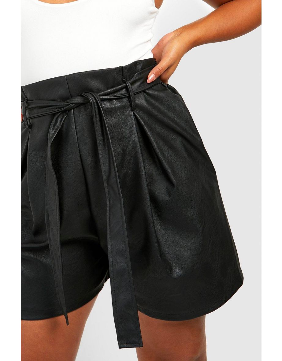Plus Pu Paperbag Waist Shorts - black - 3