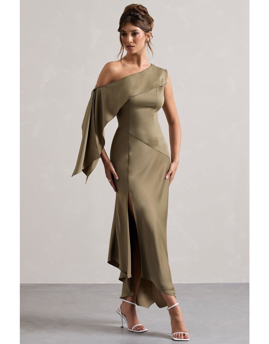 Freesia | Olive Satin Asymmetric Draped Split Maxi Dress