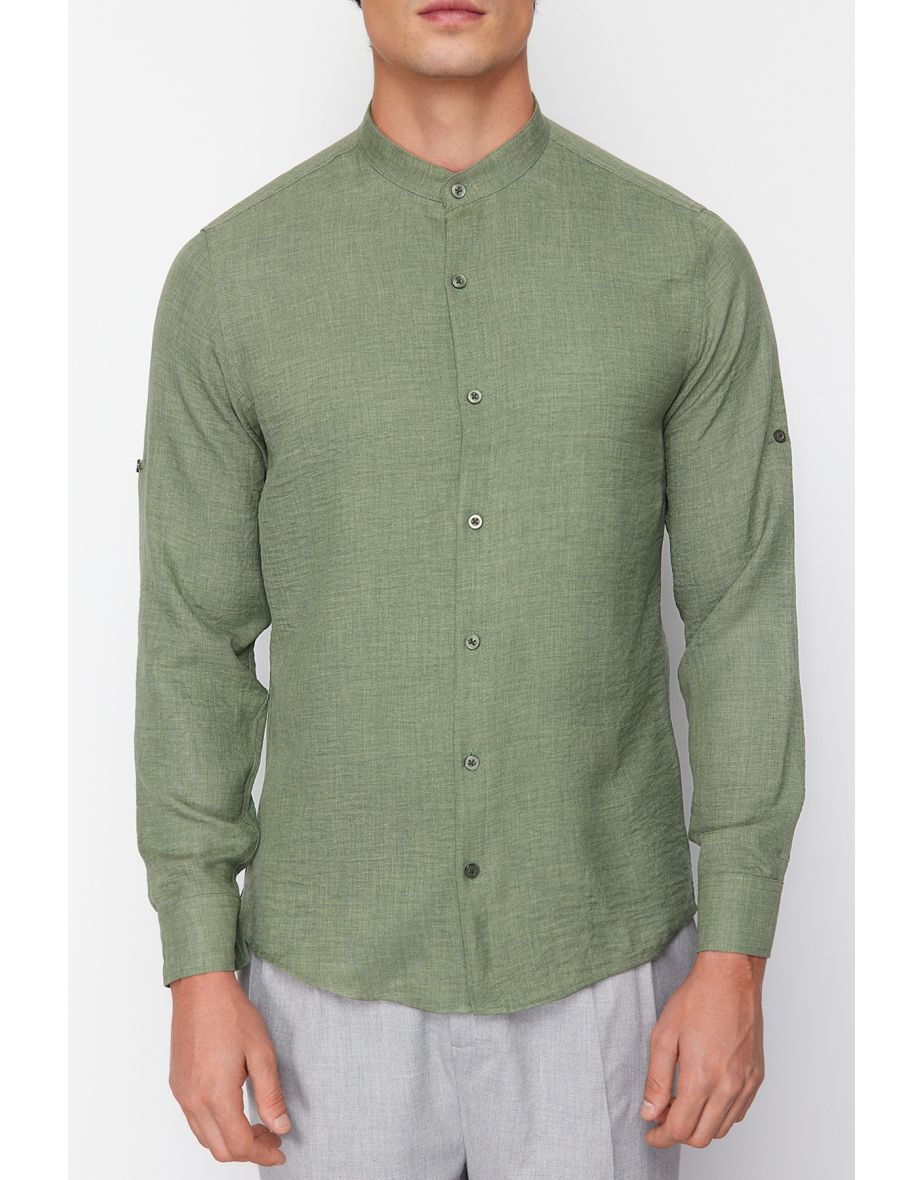 Khaki Slim Fit Command Collar Comfortable Shirt - 7