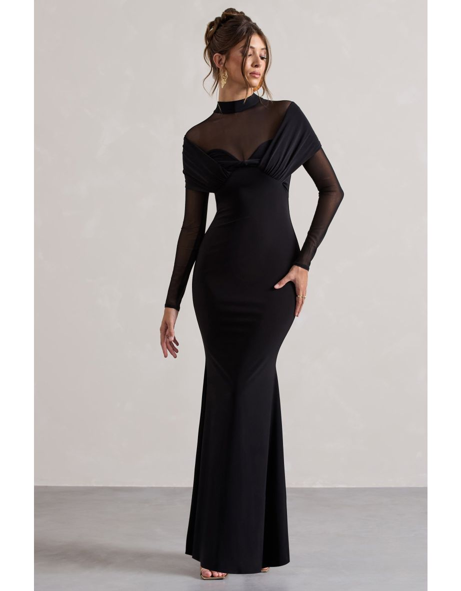 Tasha | Black Mesh High-Neck Long-Sleeve Maxi Dress