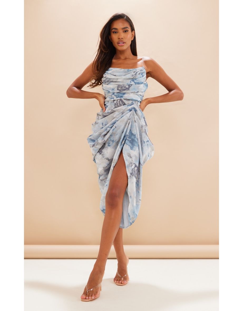 Grey Abstract Print Chiffon Ruched Drape Midaxi Dress