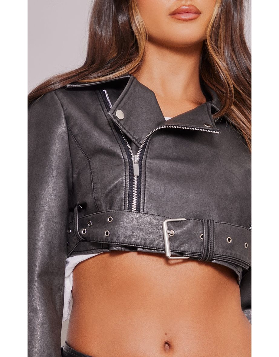 Shop Black Distressed Faux Leather Super Cropped Belted