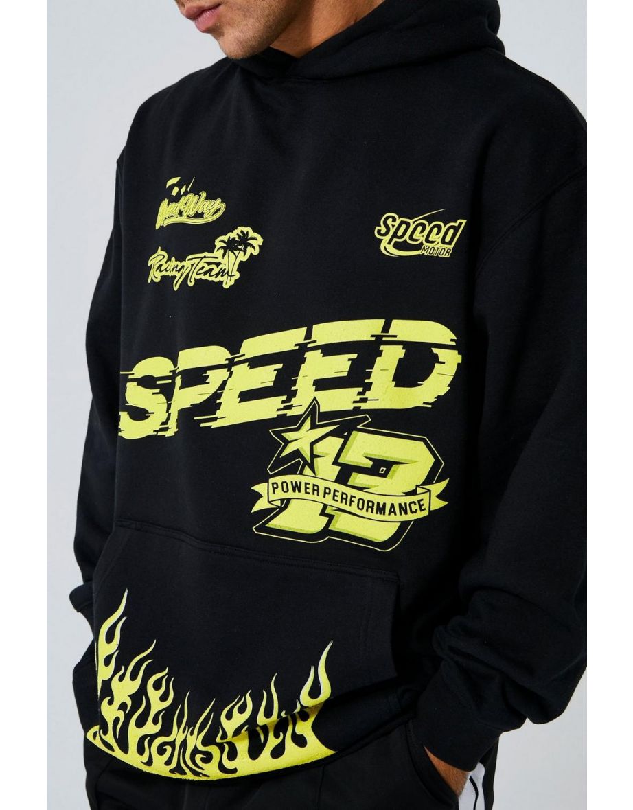 Oversized Moto Speed Flame Print Hoodie - black - 2