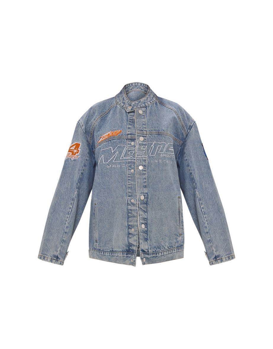 Mid Blue Wash Racer Slogan Oversized Denim Jacket - 4